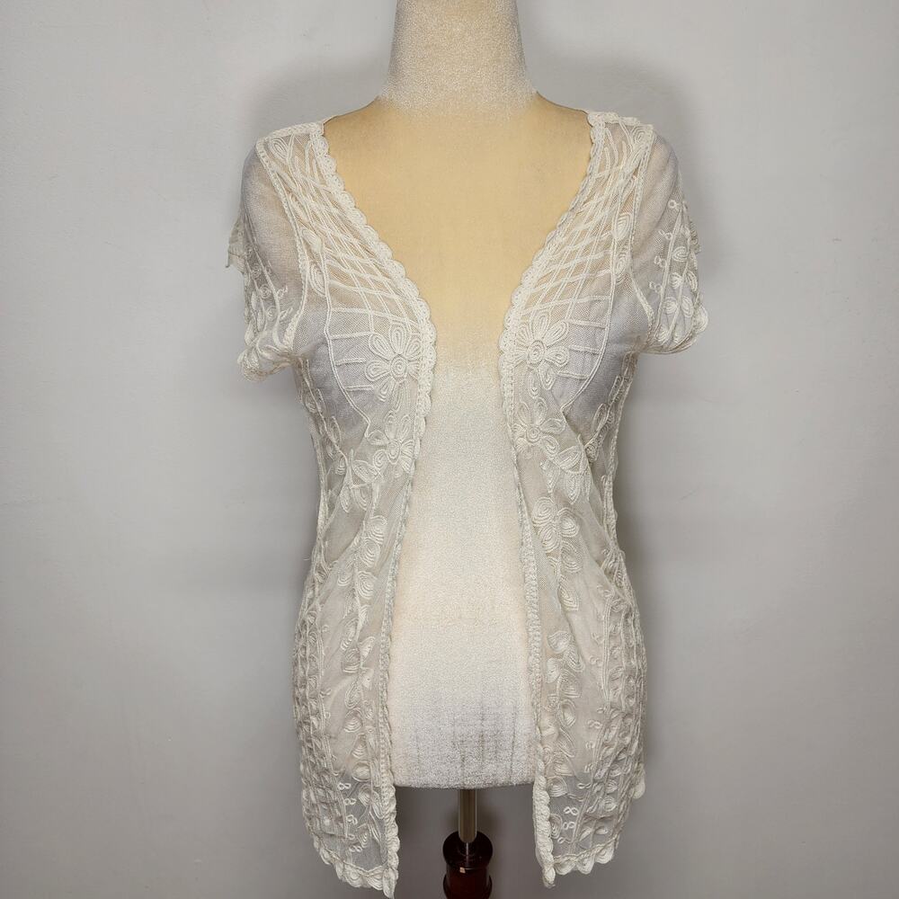 Womens Lace Kimono Layering Top One Size Cream Semi Sheer Open Pretty Cottage